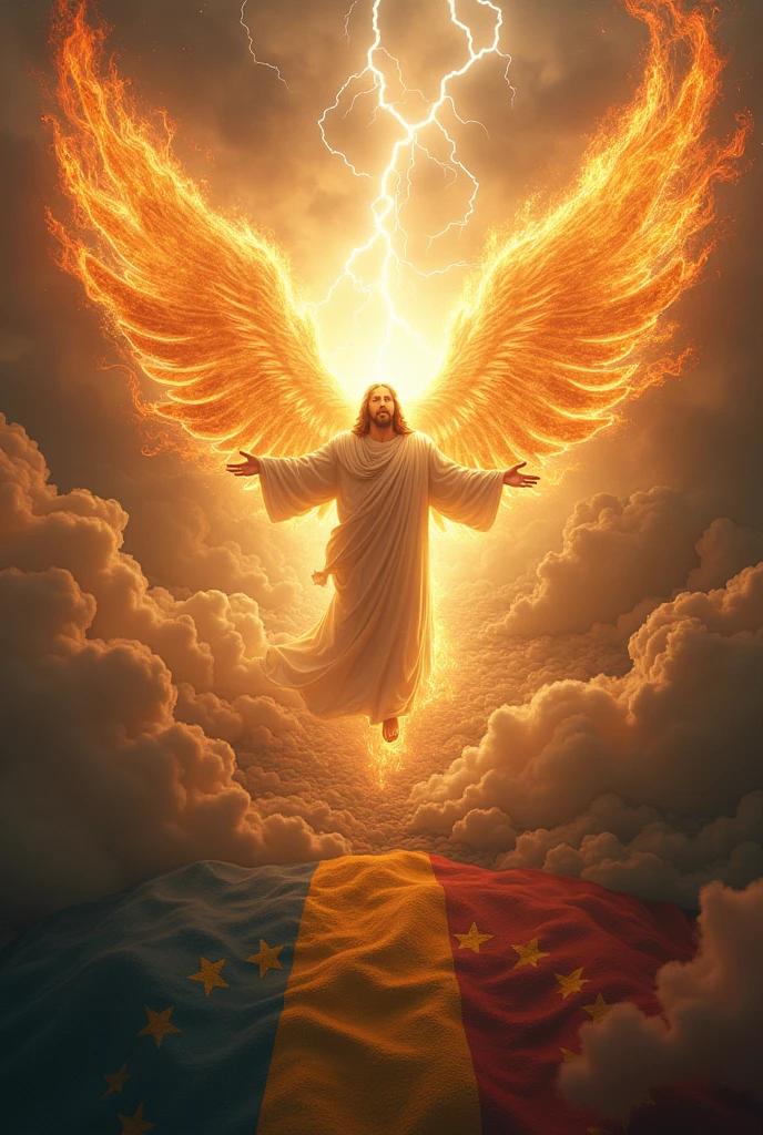 Jesus and his angels in power and fire and light of war over Venezuela flag and giant map