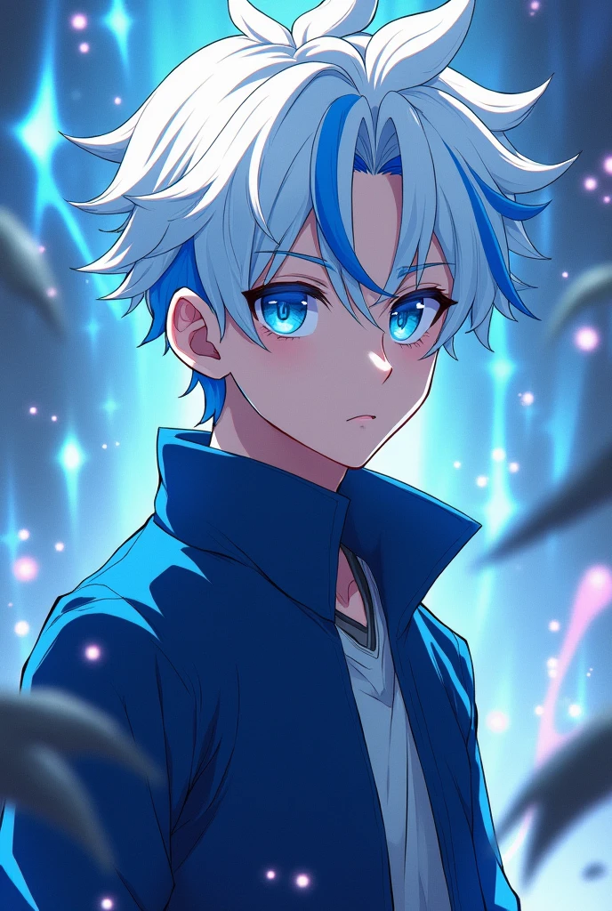 4k anime boy jujutsu kaise and demon slayer with white hair and blue streaks on the sides and one in the middle with bangs and blue eye ticket