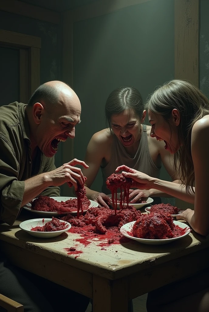 Orgy and Raw meat eating contest at the abandoned motel. Group sex, , vaginal insertion, NSFW, people covered in blood, , blood-flooded room, puddles, sex, orgy, blood, bdsm