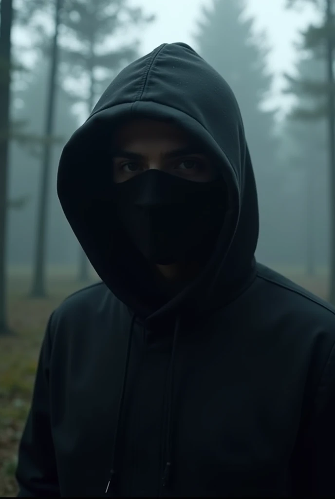 a cinematic cover art for a hit single featuring a close-up shot of a Hacker wearing a black hoodie with a black blur on his face against a cinematic foggy pine forest background