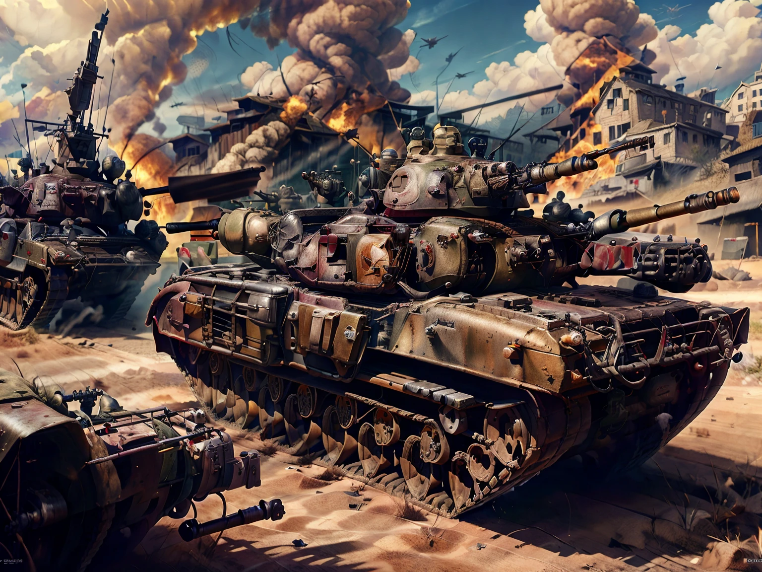 there is a Tank that is sitting in the dirt, War Thunder game, Tank has a large solid cannon, second World War, ww 2, second World War, war footage, Tank, second World War era, second World War military style, armored, World War II, Great level of detail, Tanks, set in second World War germany, massive Tank, second World War, second World War, quality\(8k,extremely detailed CG unit wallpaper, masterpiece,High resolution,top-quality,top-quality
real texture skin,hyperrealistic,increase resolution,RAW Photos,la mejor quality,Very detailed,The wallpaper,
cinematic lighting,