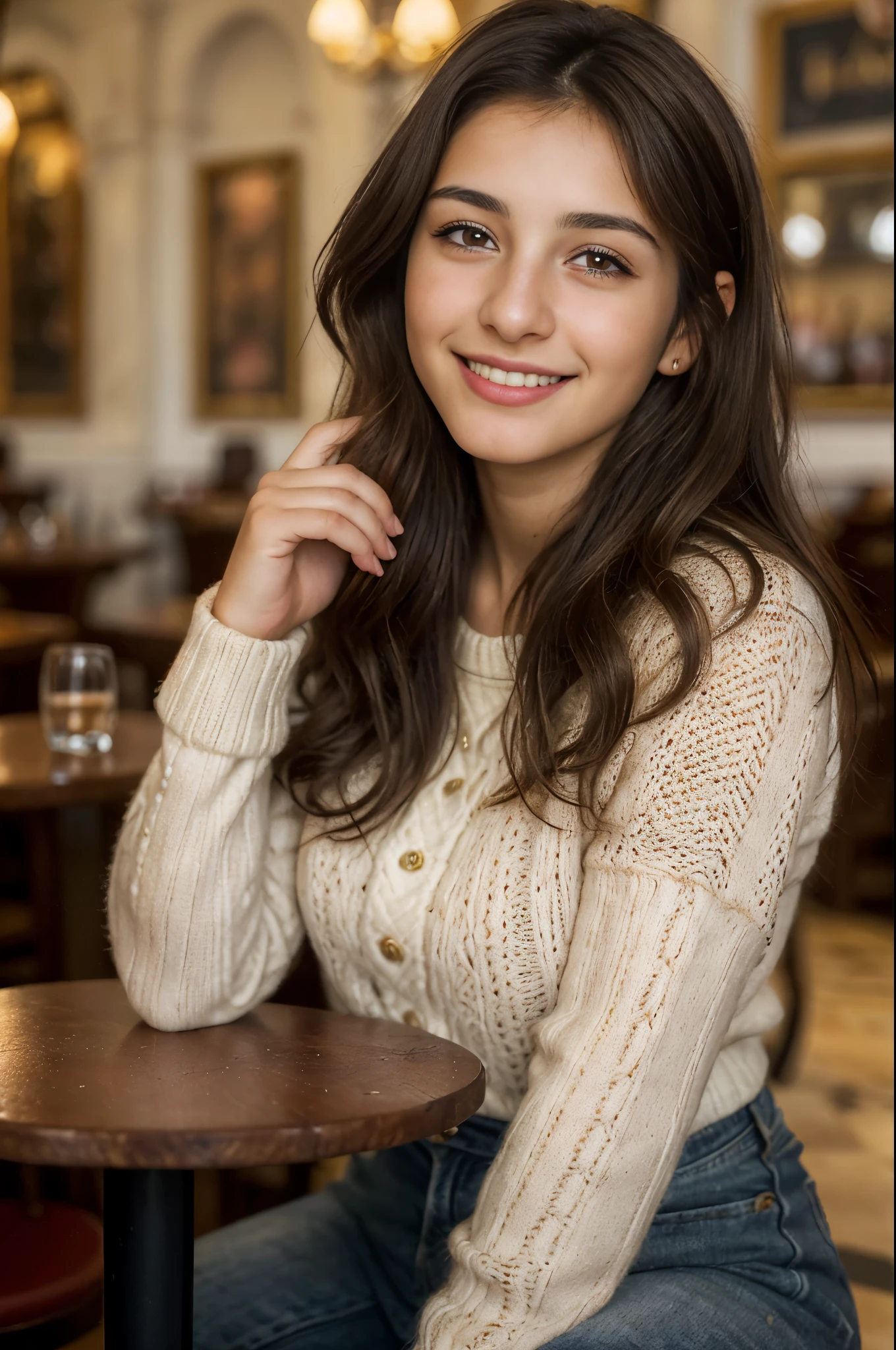 A Spanish girl , 18-age-old, beautiful girl ,in Madrid cafe, sitting pose, winter wears, tea time, (dark brown hair , brown eye, middle curl hair, little smile ),noon ,(super detail, high details, high quality, accurate, anatomically correct, textured skin, beautiful fingers super detail, high details, high quality, best quality)