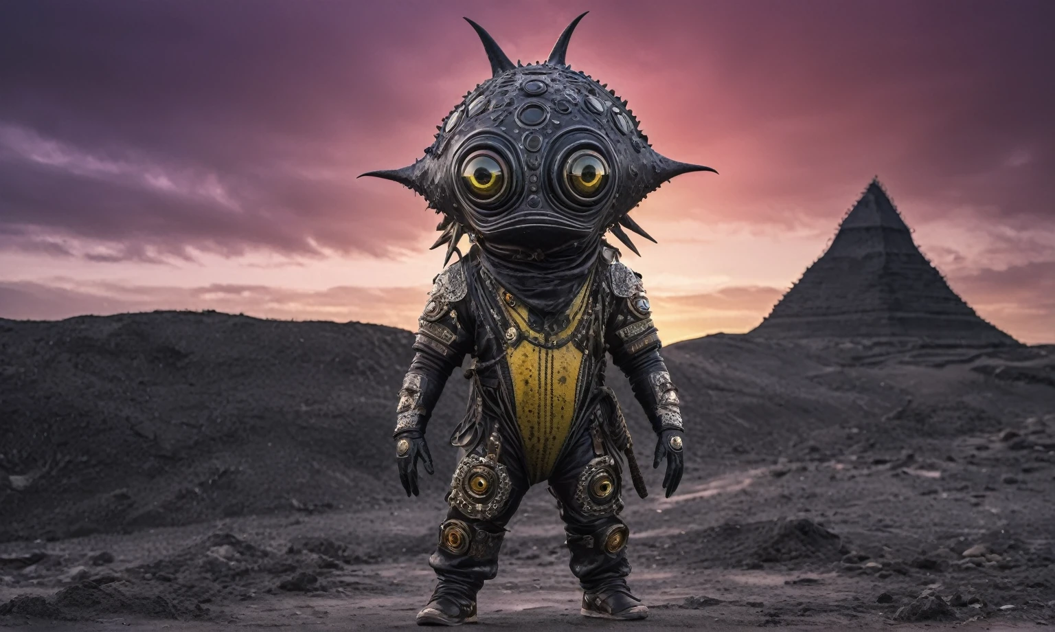 full body length shot,nerd graphite  Alien Entity,native africa ,azctec Finnish Lapland,Cinematic,soft colors, Technicolor,natural skin textures, hyper realism, hyper detailed,Extremely detailed,High contrast,Masterpiece,Realistic,Ultra Detailed, intricate details,realistic humid leather,extremely intricate details,Epic Realistic, cinematic style, irina yermolova,high contrast,hdr,extremely detailed, [deep night landscape],masterpiece, intricate details, eyes extremely detailed, high detailed eyes,8k resolution,retina, Nikon Z9,orcian Egypt, Pisces, transition between two art styles,full body length, Double contact, X-ray, Creative, vivid light, fantasy, Abstract, Surrealism, super detailed, high resolution,insanity national folk wear,skin  almost translucent, gothic elements,Mestichino,Light particles,chaos,starfish's leather,"(The best lighting, dark, dramatic), terror.),(fish eyes, A Modern  USSR , and helmet Style, tongs in hands, Tv head, pinhead, sunset Yellow White Pink Rusty, Ambient in a meteorite crater 