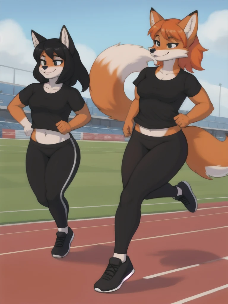 Furry, fox, female, black shirt, black leggings, shoes, running track, friends, full body