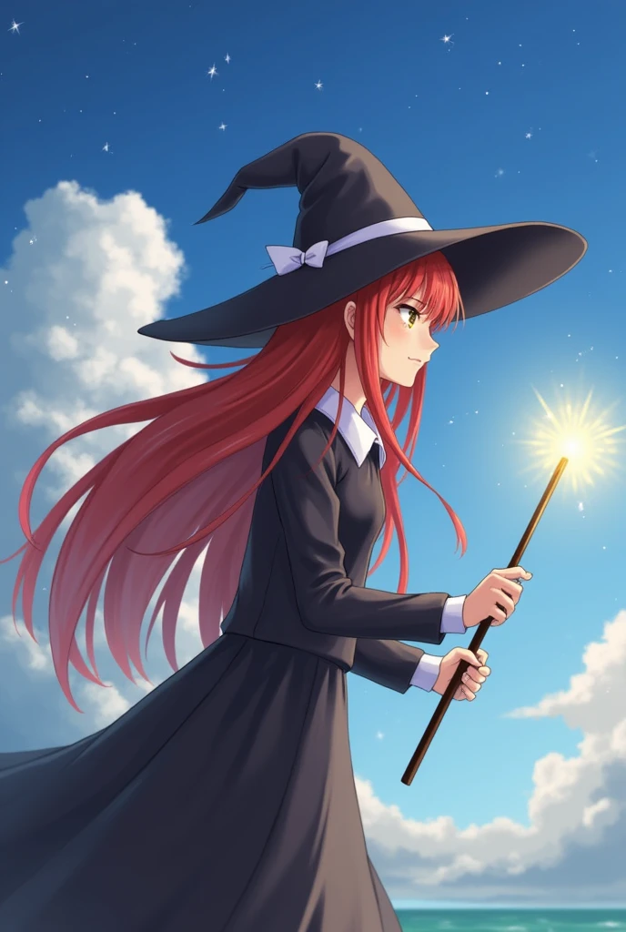 1chica, witch, long_hair, sky, Alone, dress, (sky),cloud,negro_Hats,long_sleeves,negro_dress,floating_hair,estrellary_sky, red_hair, Magic wand, free area