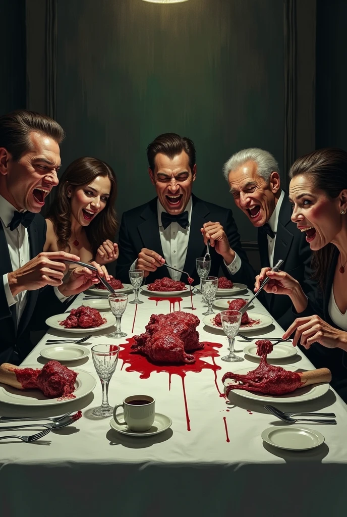 Family eating human flesh with cutlery