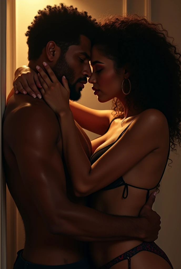 make a scene where the character Bellamy from the series The 100 is having sex with a dark-skinned woman, curled hair, Long and brown, with big brown eyes and hoop earrings