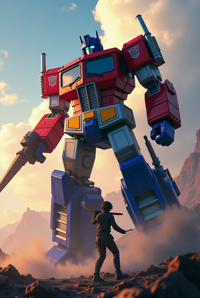 a highly detailed mecha robot, Optimus Prime, battling against Kirito, a skilled anime swordsman, in an intense and dramatic cyberpunk landscape, with dynamic lighting and cinematic composition, digital painting, vivid colors, intricate details, photorealistic, 8k, (best quality, 4k, 8k, highres, masterpiece:1.2), ultra-detailed, (realistic, photorealistic, photo-realistic:1.37)