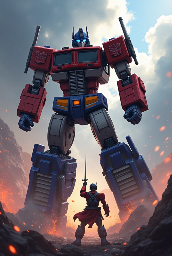 a highly detailed mecha robot, Optimus Prime, battling against Kirito, a skilled anime swordsman, in an intense and dramatic cyberpunk landscape, with dynamic lighting and cinematic composition, digital painting, vivid colors, intricate details, photorealistic, 8k, (best quality, 4k, 8k, highres, masterpiece:1.2), ultra-detailed, (realistic, photorealistic, photo-realistic:1.37)