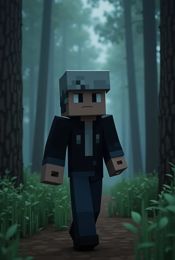 minecraft character, DanTDM Skin, walking through a forest, midnight boy, offwhite, with gray hair, casaco offwhite