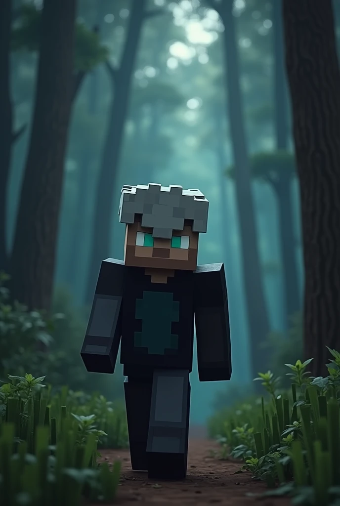 minecraft character, DanTDM Skin, walking through a forest, midnight boy, offwhite, with gray hair, casaco offwhite