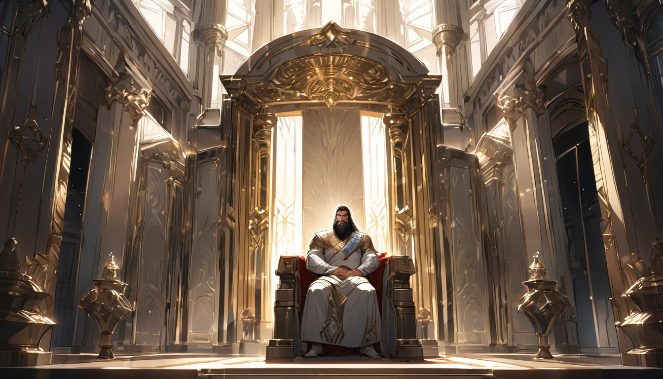 rey, with straight, gray hair, long beard, clear eyes, Seriously, a mix of muscular and fat, standing in the throne room, royal and gold-ordered clothes, luxurious room lit by sunlight, work of art, smooth light, cell shading