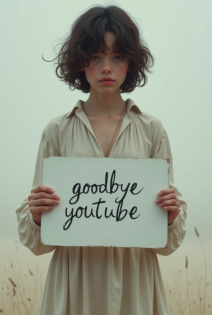 Beautiful lonely sad boy with wavy long hair, bohemian dress, holding a white board with text "goodbye youtube" and showing it to the viewer
