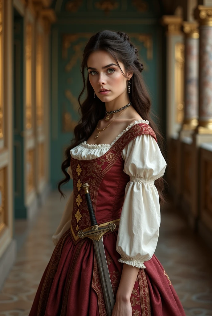 Beautiful brunette girl identical to Emma Myers in a seventeenth century male costume standing in front of a baroque palace with a sword in her hand