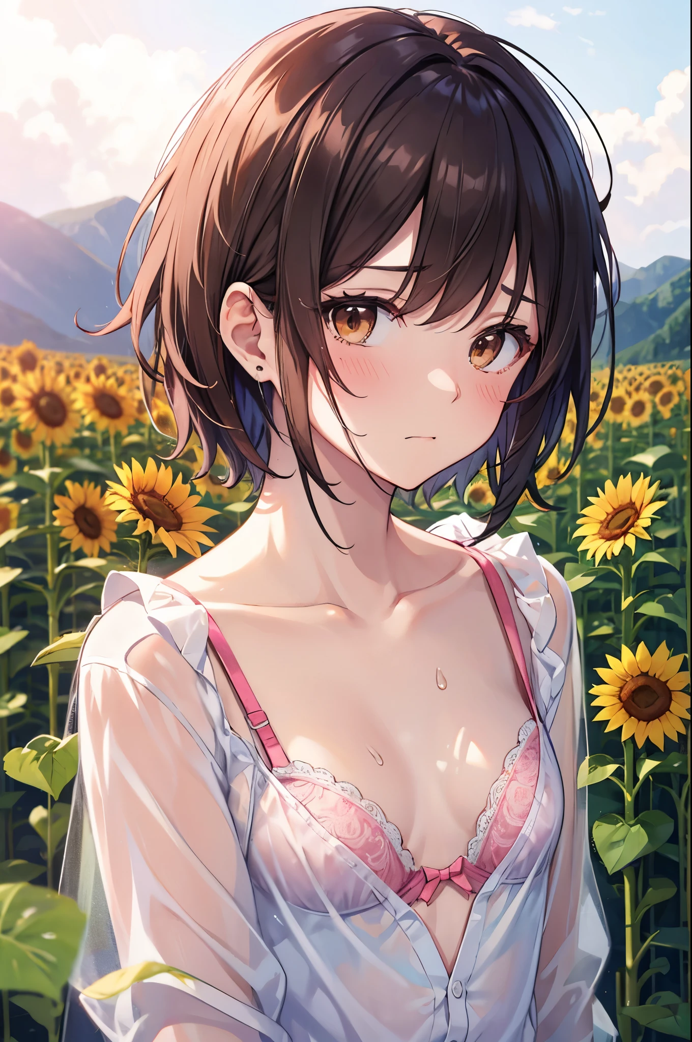 巨作, beste-Qualit, Misaka_mikoto, Brown-eyed, Short_hair, Small_Breast,) Random Posing Camisa blanca sunflowers fields Random View perspiring Sheer pink bra