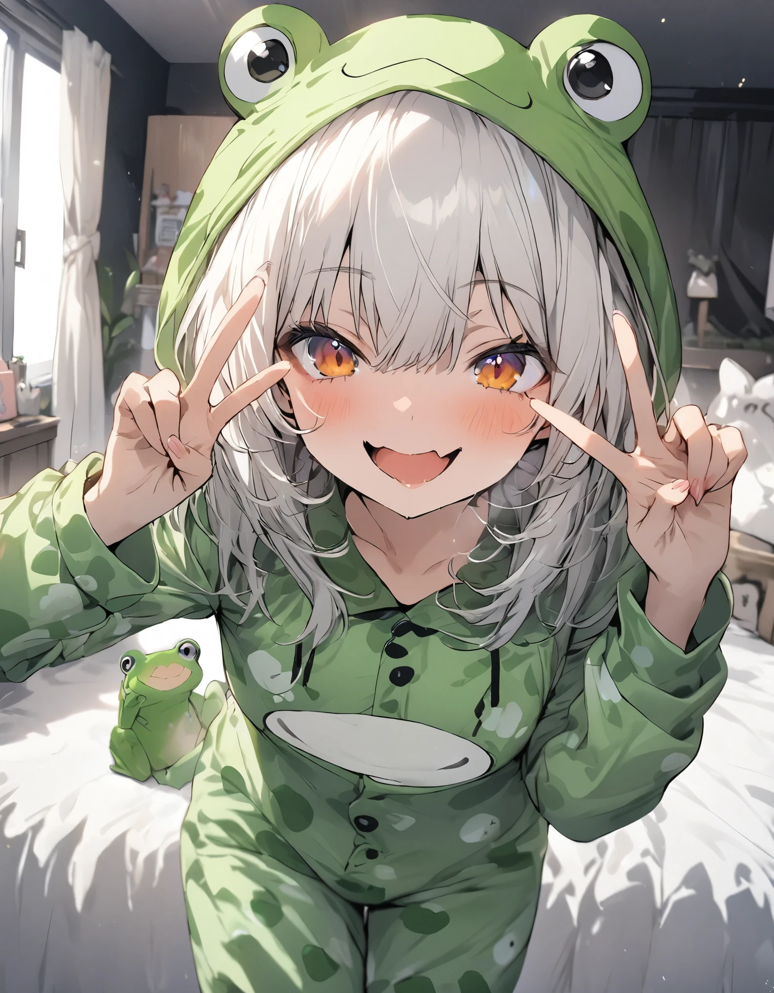 masterpiece、20 year old girl、White Hair、short Hair、smile、(((Frog pajamas, frog face hood)))、Focus on the face, ((make a V sign with your fingers)), girl's room background