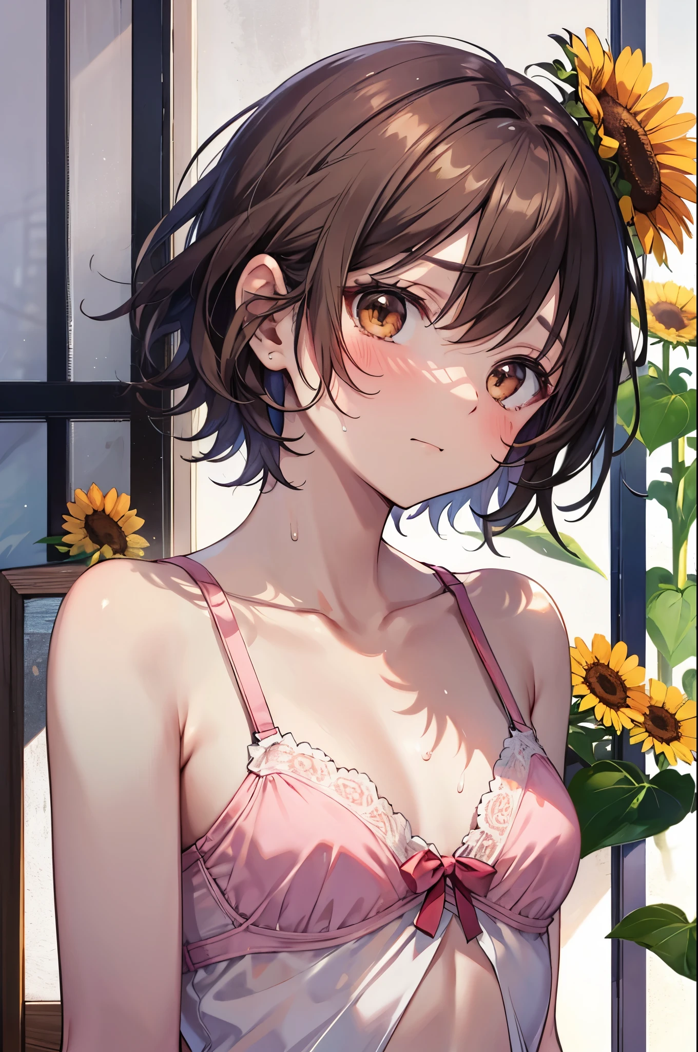 masterpiece, Highest quality, superior_Mikoto, Brown eyes, short_hair, small_chest,) Random Pause White shirt Sunflower field Random View sweating Sheer pink bra Embarrassed face