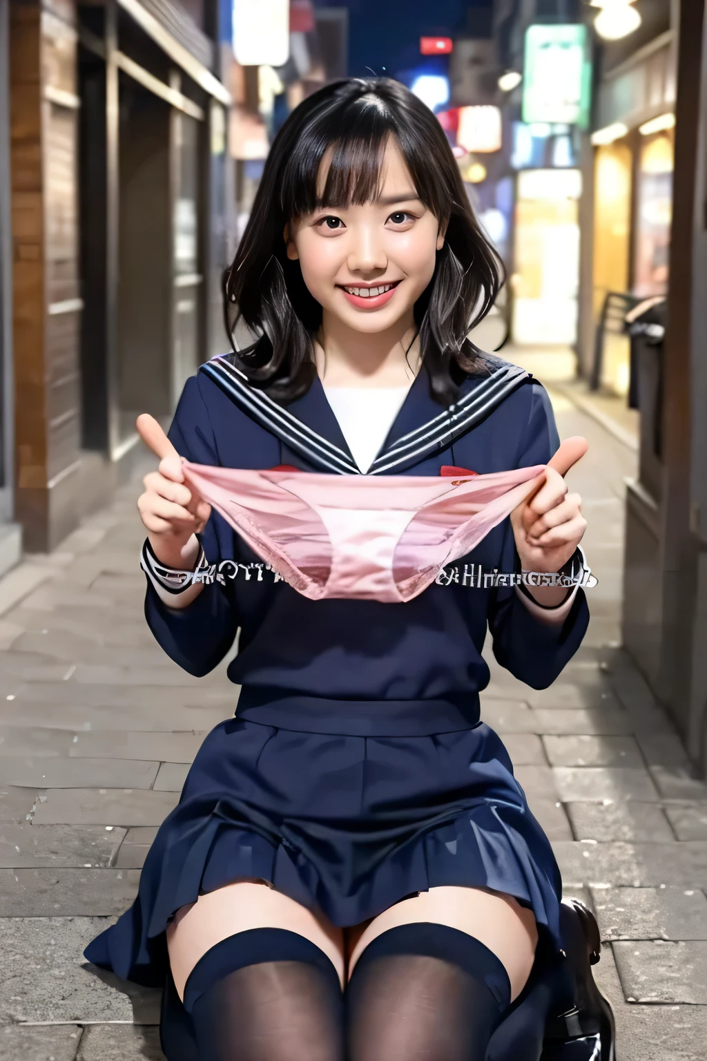 Highest quality, masterpiece, Ultra-high resolution, (reality: 1.4), Original photo, 1 female, mature, smile, short hair, Plump body, , Cinema Lighting, Exact finger count、Exact number of legs、(Exact number of arms:1.0, Exact number of hands:1.0), (Perfect hands, Perfect Anatomy), Cinematic, reality的, Extremely detailed CG, night lighting, Perfect lighting, Best Shadow, The best natural light, smile, ((Woman showing off her panties:1.3)), (school uniform, Sailor suit, Knee-high socks, loafers, Navy pleated mini skirt:1.3), (Sexy and cute panties), (Stylish shiny satin pink panties:1.2), Side tie panties, Lace panties:1, Feeling embarrassed, (blush:1.2), (Embarrassed expression:1.4), (On the streets of the entertainment district at night:1.3), Angle from the front