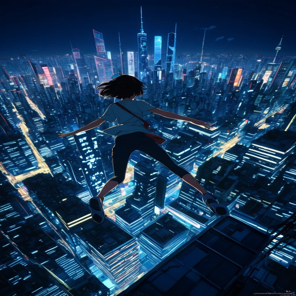 (Junkotvv Black hair with bangs, (Cat ear), Red eyes), A man falls into the air from a building with a city in the background, Concept art by Yumei, CGsociety Trends, Conceptual Art, Soaring above the densely populated city, Makoto Shinkai Cyril Rolland, Dawn CGSOCIEDAD, Space Sky. por Makoto Shinkai, Octane Rendering. por Makoto Shinkai, High Resolution CG Association,Kafka ,8k, View of the city from a skyscraper.,Neon city at night,