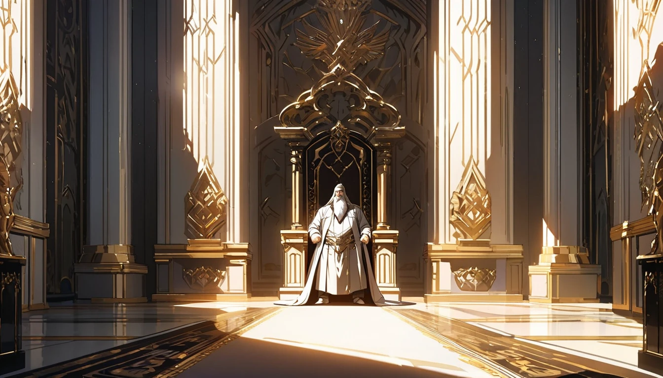 rey, with straight, gray hair, long beard, clear eyes, Seriously, a mix of muscular and fat, standing in the throne room, royal and gold-ordered clothes, luxurious room lit by sunlight, work of art, smooth light, cell shading