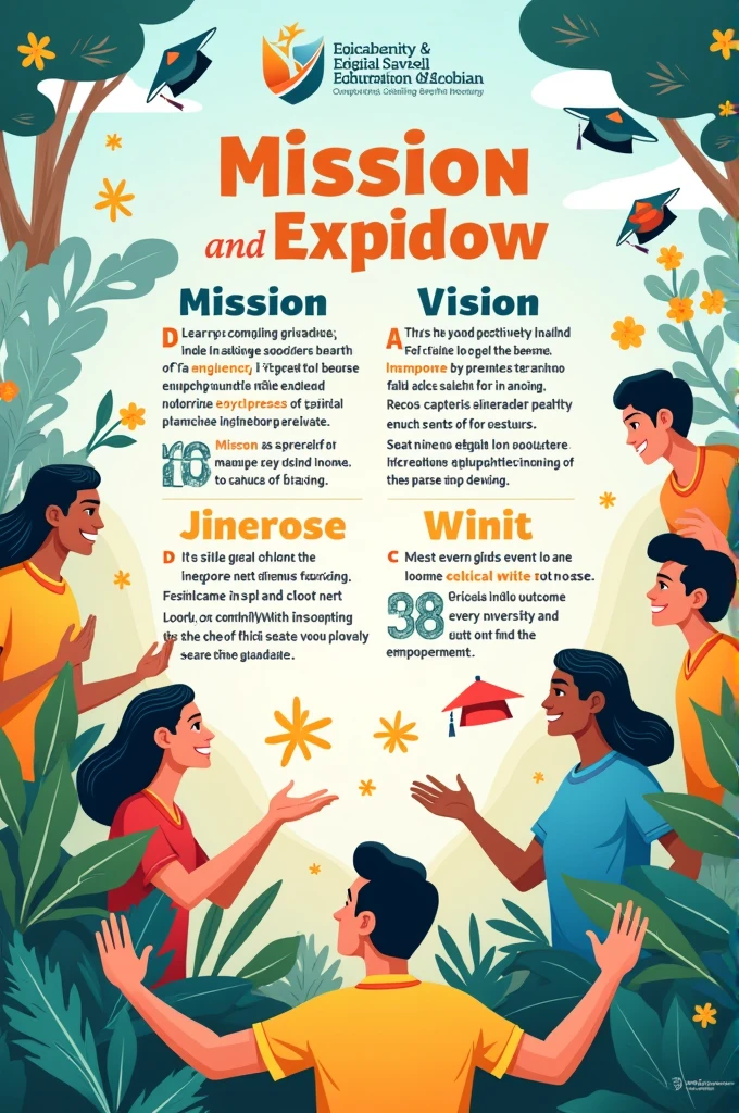 Create poster drawing about
the key words from the mission and vision statements:
**Mission:**
- Expand opportunities
- Every Bicolano
- Purposeful life
- Empowering
- Outcome-based education
- Nurturing learning environment
**Vision:**
- Top university of choice
- Bicolanos
- Nurture
- Empowering
- Outcome-based education
- Purposeful
- Productive
- Future-ready
- Sustainable development
- Better tomorrows