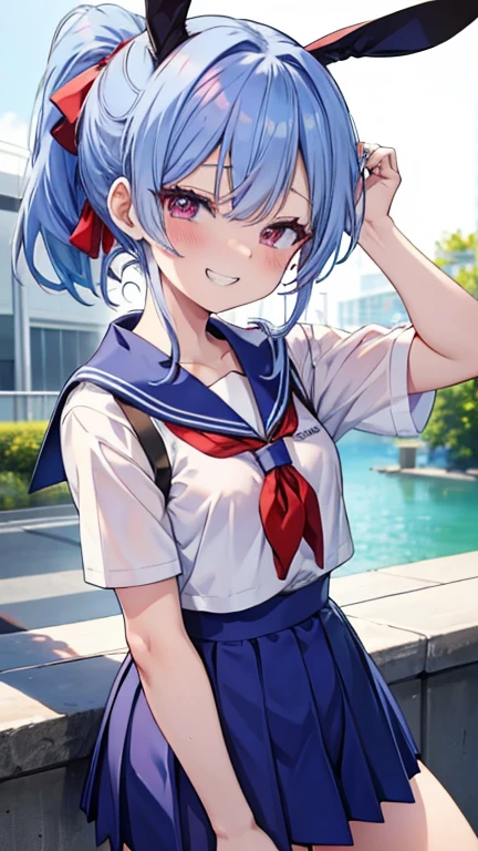 Blue Hair, Red eyes, ponytail, カールした先端のponytail　Sailor suit　school uniform　Cute Girls　Wicked Smile、((Grin))、Small breasts　　Bunny ears　Masaki Takei style　anime　Summer clothes　Sweat　Embarrassed