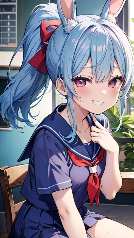 Blue Hair, Red eyes, ponytail, カールした先端のponytail　Sailor suit　school uniform　Cute Girls　Wicked Smile、((Grin))、Small breasts　　Bunny ears　Masaki Takei style　anime　Summer clothes　Sweat　Embarrassed