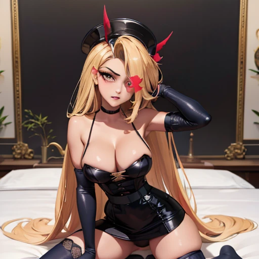 kneeling on bed doggy style, invite for sex(masterpiece, best quality:1.4), absurdres, highres, ultra detailed, beautiful, (secretary), (perfect face, detailed face, beautiful:1.3),(natural breasts, cleavage), collarbone, fingerless gloves, gloves,spaghetti strap top, black pencil skirt, tight, over the knee skirt, hat, elegant secretary outfit, thighhighs, thick thighs, thighs, multiple belts, More detailed 8K.motor irreal:1.4,UHD,La mejor calidad:1.4, fotorrealista:1.4, textura de la piel:1.4, obra maestra:1.8,obra-prima, mejor calidad,objeto Objeto], (detailed face features:1.3),(manos detailed)