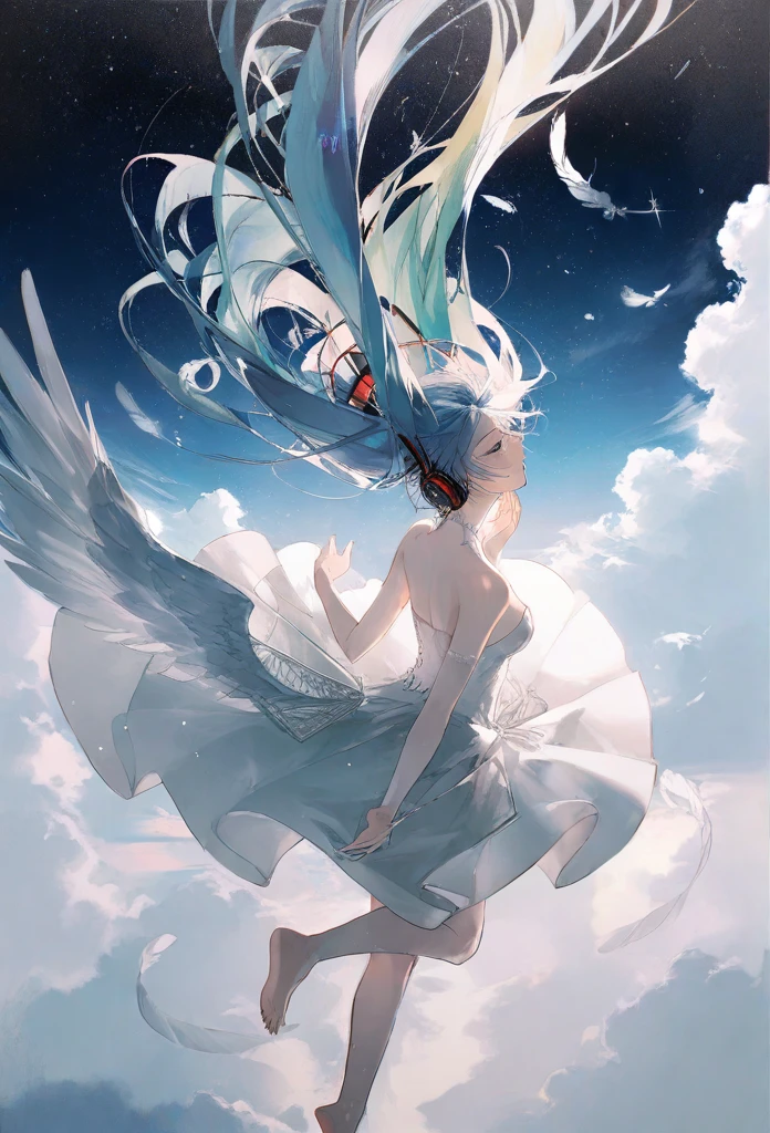 by rella, by Agnes Cecile, break
1girl, detailed long hair, floating hair, wind effect, multicolored hair, transparent, reflective, beautiful and breathtaking hairstyle, (intricate detailed hair:1.4), undercut, pinterest hairstyles, hairstyle inspired by Sussanne Khan and Robert Sheckley, crazy alternate hairstyle, break
angel wing, barefoot, strapless, bare shoulders, white dress, headphone,
break
flying, clear blue sky, cloud, cloudy sky, star, star(sky), feathers, music, music is playing,
BREAK
clarity, hyper emotional,
BREAK
perspective from above, looking away,
break
beautiful, aesthetic, detailed, beautiful color,
break
amazing quality, best quality, high quality,
