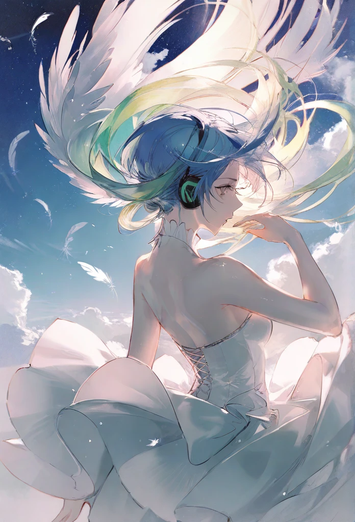 by rella, by Agnes Cecile, break
1girl, detailed long hair, floating hair, wind effect, multicolored hair, transparent, reflective, beautiful and breathtaking hairstyle, (intricate detailed hair:1.4), undercut, pinterest hairstyles, hairstyle inspired by Sussanne Khan and Robert Sheckley, crazy alternate hairstyle, break
angel wing, barefoot, strapless, bare shoulders, white dress, headphone,
break
flying, clear blue sky, cloud, cloudy sky, star, star(sky), feathers, music, music is playing,
BREAK
clarity, hyper emotional,
BREAK
perspective from above, looking away,
break
beautiful, aesthetic, detailed, beautiful color,
break
amazing quality, best quality, high quality,