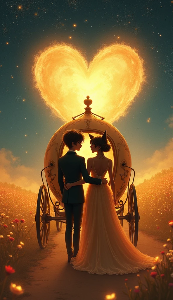 Scene 7: The Enchanted Carriage Ride
Title: A Bold Journey of Love
Description: The boy cat and the bold figure lady cat step into a golden carriage, their contrasting sizes creating a captivating and romantic visual. His protective arm wraps around her small but strong figure. As they ride through fields of glowing flowers, the stars above form a heart, symbolizing their deepening connection. The lady cat’s curvaceous figure, highlighted by her elegant gown, adds both strength and allure to the scene, making it enchanting and deeply romantic.