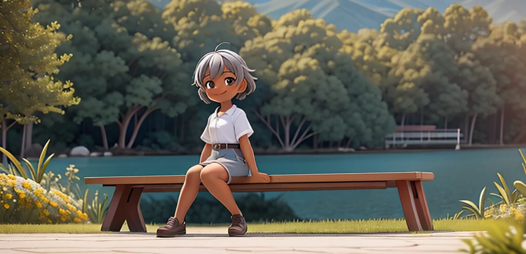 adventurer, 1girl, dark skin, short hair,gray hair, bench, sitting, outdoors,smile