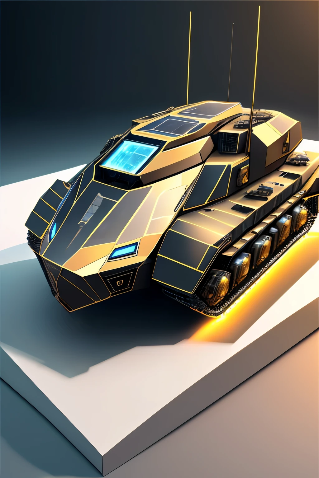 transparent armored tank, 360 degree beam cannon, solar panels, stealth type, recognition obstruction, shading effects, gradation magic effects, (ultra detailed, absolutely resolution, best quality:1.3), 2.5D, delicate and dynamic, graphic CG digital art