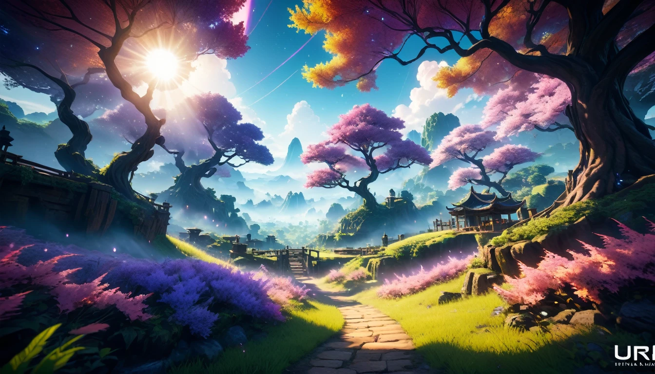 (anime, fantasy, warp), (best quality, high resolution, HDR:1.2), vibrant colors, mysterious atmosphere, warped world, fantasy realm, dimension, magic particles, ethereal light, fantastical landscapes, detailed landscape, antialiasing, unreal engine