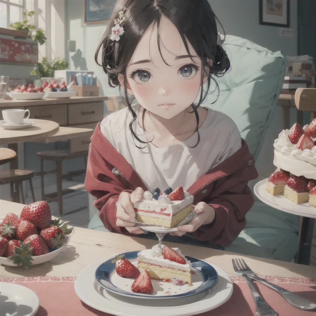 A picture of a girl eating a cake with strawberries, artwork in the style of Gweitz, by Hikari Shimoda, inspired by Hikari Shimoda, Gweitz on artstation pixiv, Gweitz on pixiv artstation, Gweitz, Gweitz masterpiece, Beeple and Jeremiah Kettner, Eat cake, By Chen Yanjun