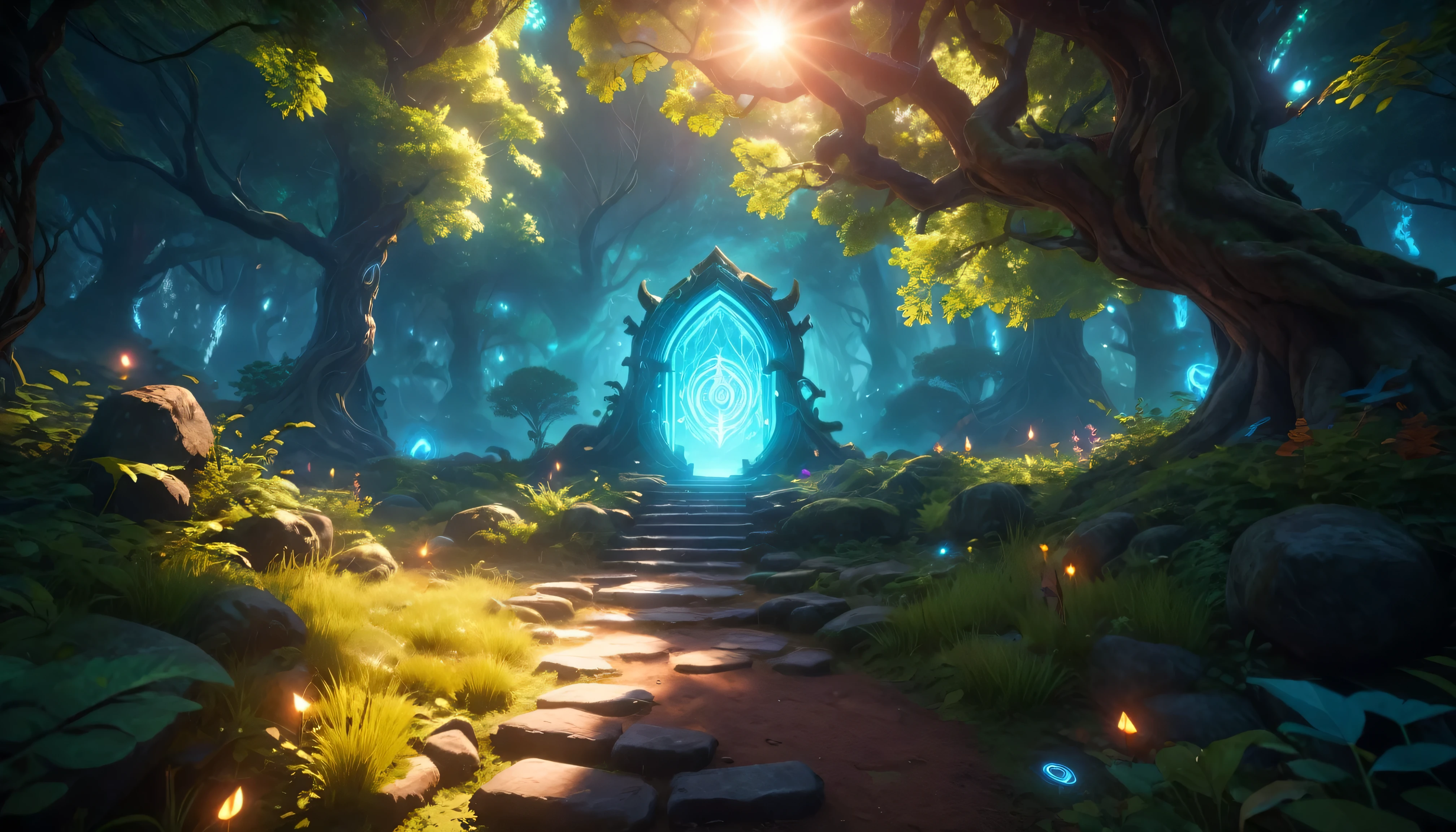 (anime, fantasy, portal), (best quality, high resolution, HDR:1.2),vibrant colors, mysterious atmosphere, magical portal, mystical creatures, enchanted forest, glowing runes, ethereal light, fantastical landscapes, detailed landscape, antialiasing, unreal engine