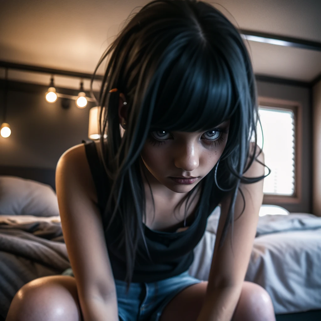 15 year old emo girl,tank top,black ripped jeans,sitting on bed,teenage boy's room,80's style furniture,detailed face,detailed eyes,detailed lips,long eyelashes,emotional expression,cinematic lighting,warm color tones,atmospheric,high quality,photorealistic,masterpiece,sfw