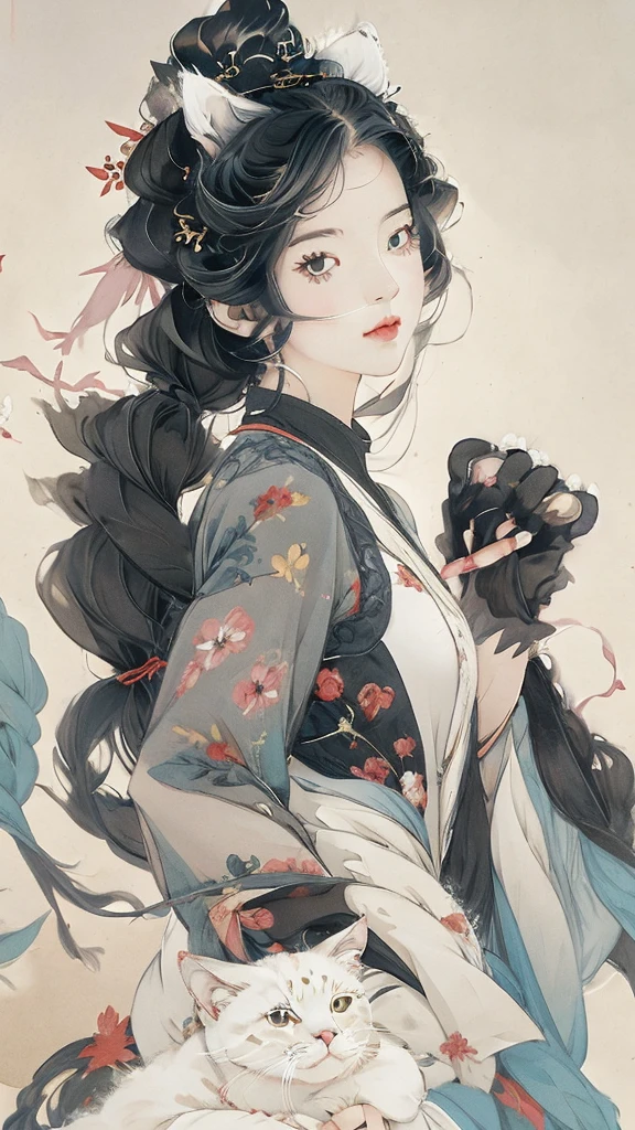 Anime girl with white hair and a black cat on her head, an anime drawing by Yanagawa Nobusada, Topics on pixiv, fur art, Cat girl, white Cat girl, anime Cat girl, Cat girl, beautiful anime Cat girl, attractive Cat girl, very beautiful anime Cat girl, Anime-style illustrations, Anime Cover, nekomimi