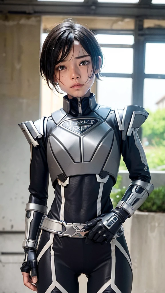 Highest quality　8k Cyborg Suit Girl　Heavy Armor　　Elementary school girl　Sweaty face　cute　Boyish short hair　Very short hair　Steam coming out of my head　My hair is wet with sweat　Black Hair　Broken and unable to move　　Lying down　Soaked Face　My crotch is wet