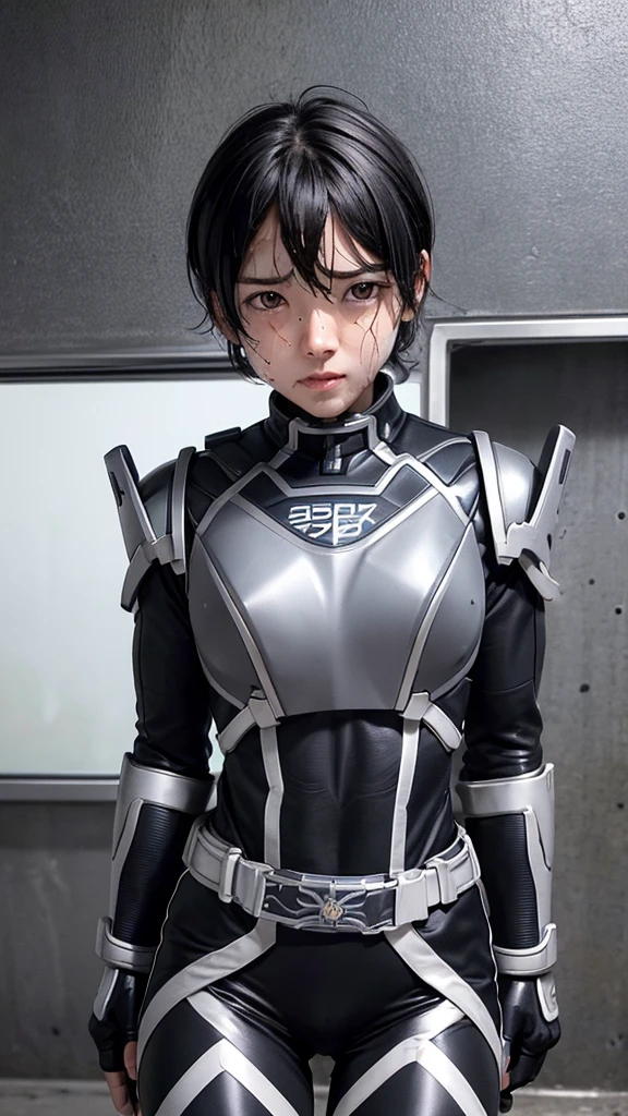 Highest quality　8k Cyborg Suit Girl　Heavy Armor　　　Sweaty face　cute　Boyish short hair　Very short hair　Steam coming out of my head　My hair is wet with sweat　Black Hair　Broken and unable to move　　Lying down　Soaked Face　My crotch is wet