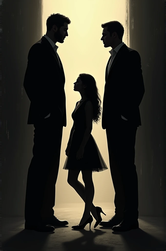 Shadows of three men and a woman, with two tall men, the middle-sized woman and the third man a little shorter than the woman 