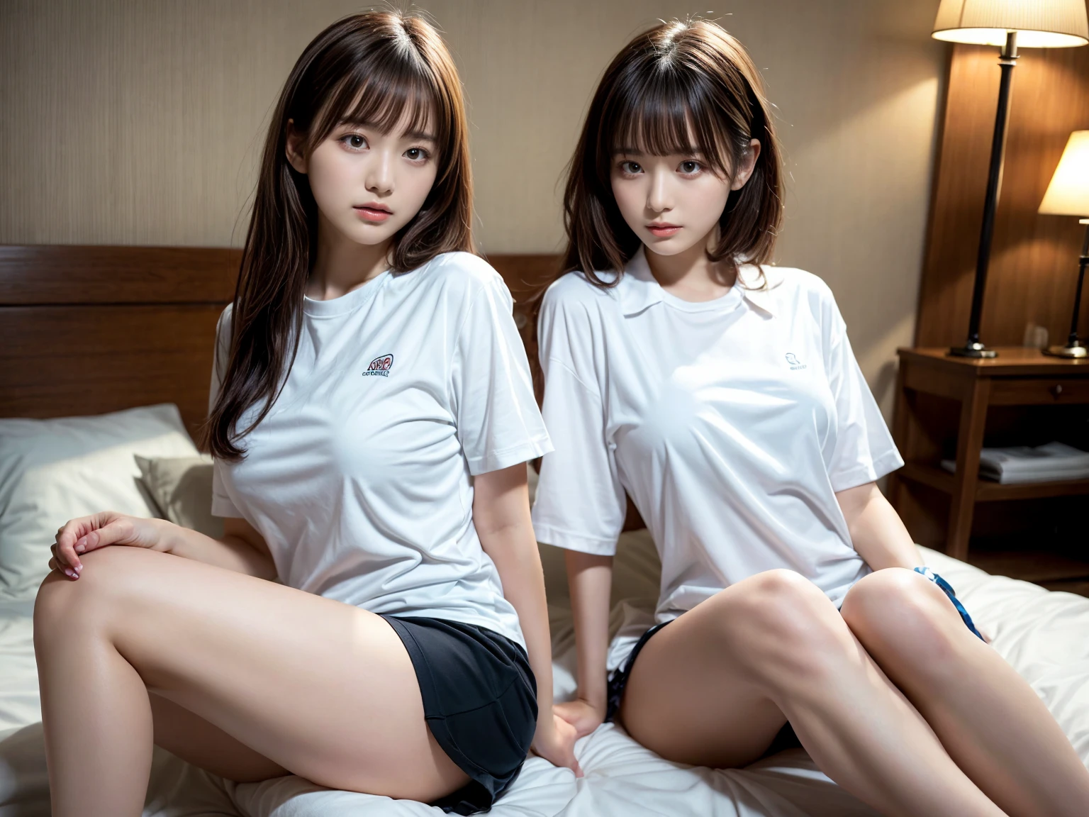 masterpiece, best quality, illustration, Super detailed, fine details, High resolution, 8K,wall paper, perfect dynamic composition,(Details High quality, realistic depiction of eyes:1.3), (2 girls), oversized sport shirt, shorts women, sitting, open legs, short bob hair, in a hotel room in the background, deep on field, large breasts, black hair color, Big Natural Color Lip, (perfect body shape), crying a little、Harajuku style、20 year old girl、cute type、beautiful legs, Gravure Idol
