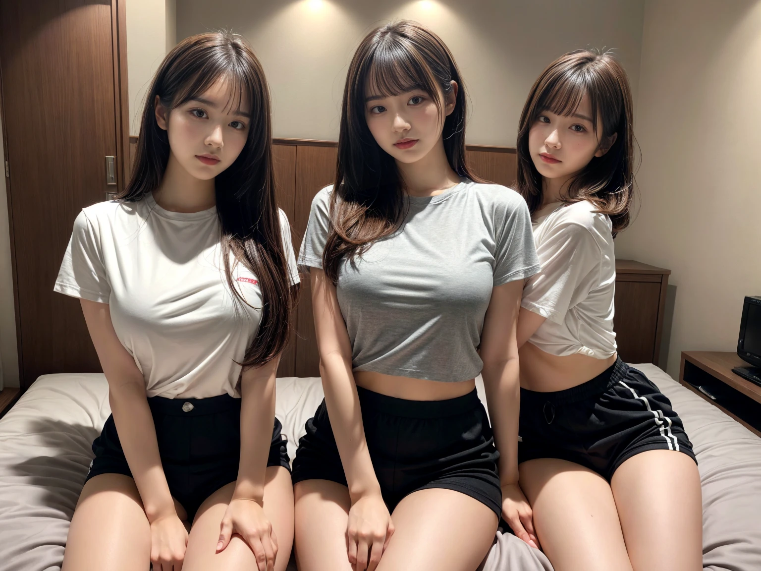 masterpiece, best quality, illustration, Super detailed, fine details, High resolution, 8K,wall paper, perfect dynamic composition,(Details High quality, realistic depiction of eyes:1.3), (2 girls), oversized sport shirt, shorts women, sitting, open legs, short bob hair, in a hotel room in the background, deep on field, large breasts, black hair color, Big Natural Color Lip, (perfect body shape), crying a little、Harajuku style、20 year old girl、cute type、beautiful legs, Gravure Idol