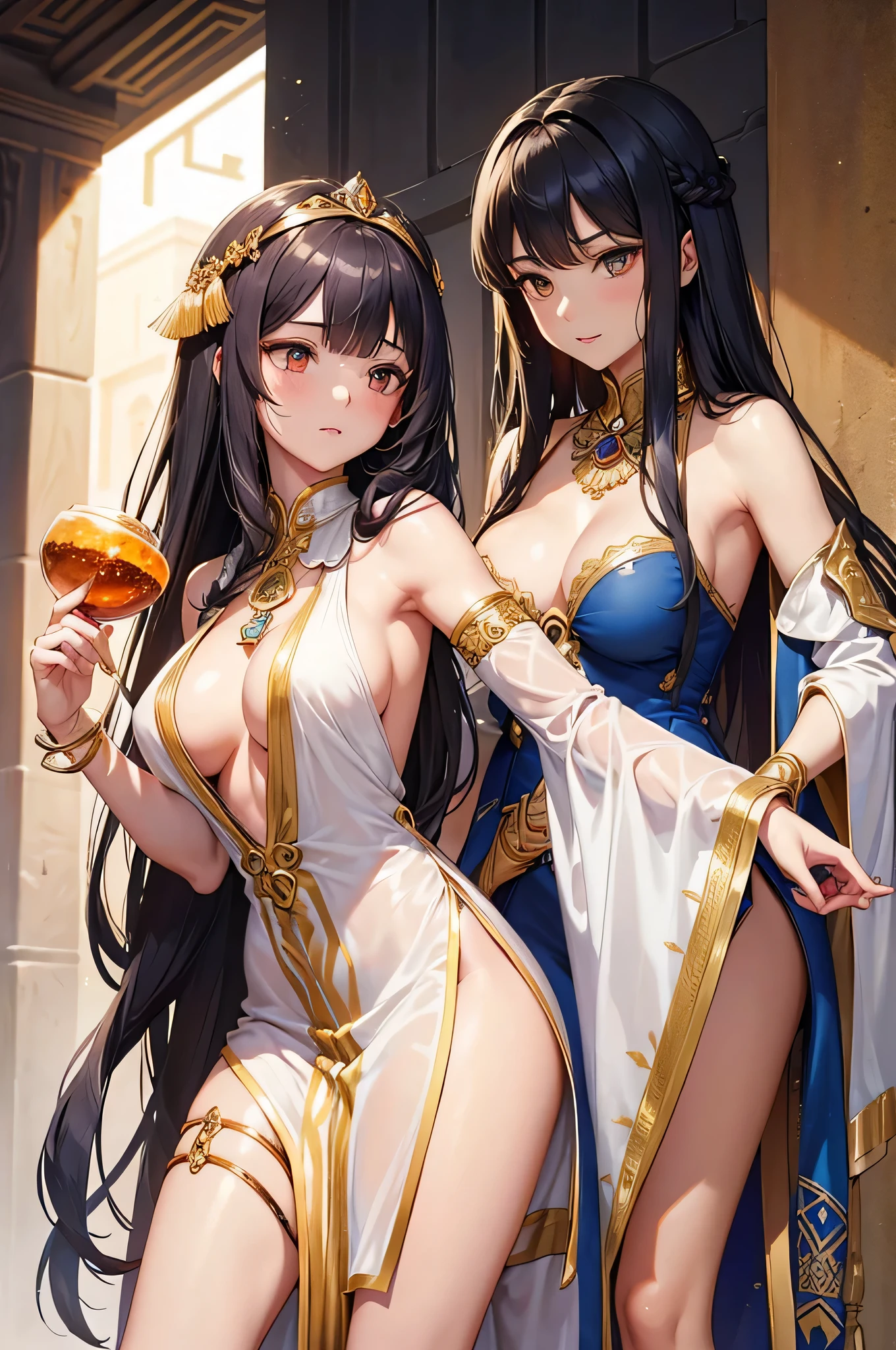 all intricate details, Sexy angle, 3 girls view. Nefertari: It has an elegant and regal appearance. Her long, dark hair is braided with golden beads and adorned with ostrich feathers.. He wears a white linen tunic with gold embroidery and a royal blue linen cape.. Phenotype: His almond-shaped eyes are an intense amber color., and his skin is a warm tone, like desert sand, she is brave and strategic. Like a general's daughter, She is committed to protecting her kingdom. isis: It has a mysterious and ethereal appearance. Her snow-white hair flows down her back, and wears a long dress with magical symbols embroidered in gold thread. Phenotype: His skin is pale, almost translucent, and his eyes are a deep blue, like the night sky, She is a calm and thoughtful girl.. as a sorceress, She masters healing magic and is protective of those around her.. Sometimes, his gaze seems to traverse time and space. Amara: Has an adventurous look, Her brown hair is pulled back into a messy ponytail., and wears a silk scarf to protect herself from the desert sun. Phenotype: His green eyes shine with curiosity, and his skin is tanned by the sun, She is curious and brave, as an archaeologist, is fascinated by ancient secrets and forgotten tombs Sekhmet: She is an imposing girl with a perfect and fierce body.. Her flame-red hair is braided with gold beads and adorned with lapis lazuli jewelry.. Phenotype: Her golden eyes seem to reflect the inner fire of her warrior spirit but she is passionate and temperamental so she likes to walk showing her body as much as possible to the point of being naked.. As leader of the rebels, fight oppression with ferocity, She is also a professional seductive girl