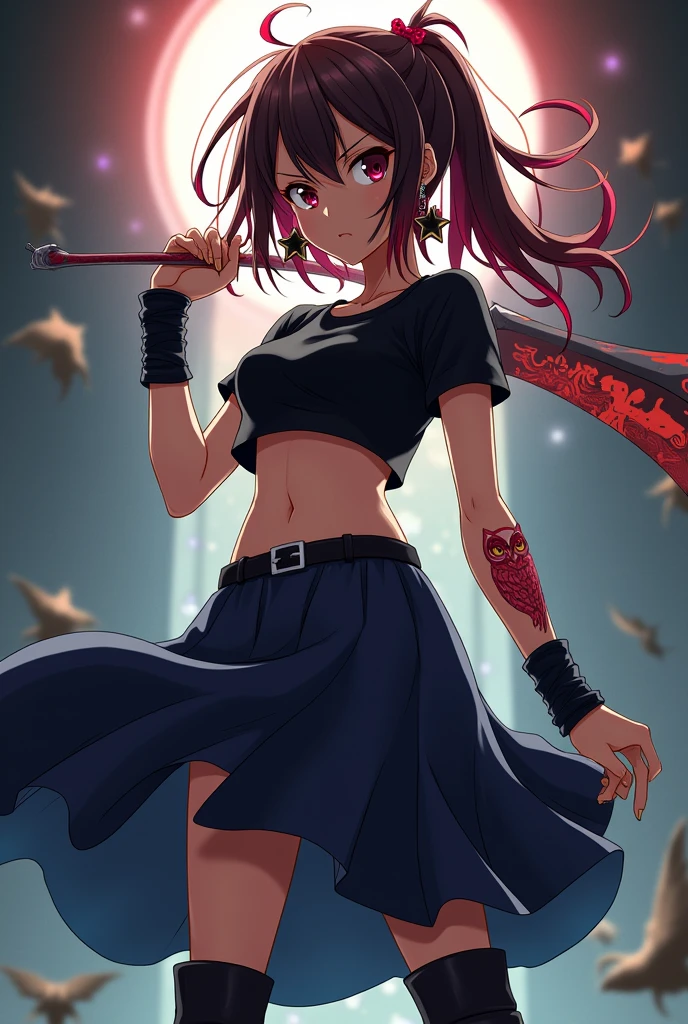 -Anime style Nanatsu no Taizai -Girl with light skin, dark brown hair with red, dark eyes, high - Clothing: Black cropped t-shirt, dark blue long skirt, black boots,
- Accessories: star earrings, black bracelets on both arms, belt - He has scars on his arms - He has a tattoo on his right hand of an owl, Red color - Weapon: Lanza