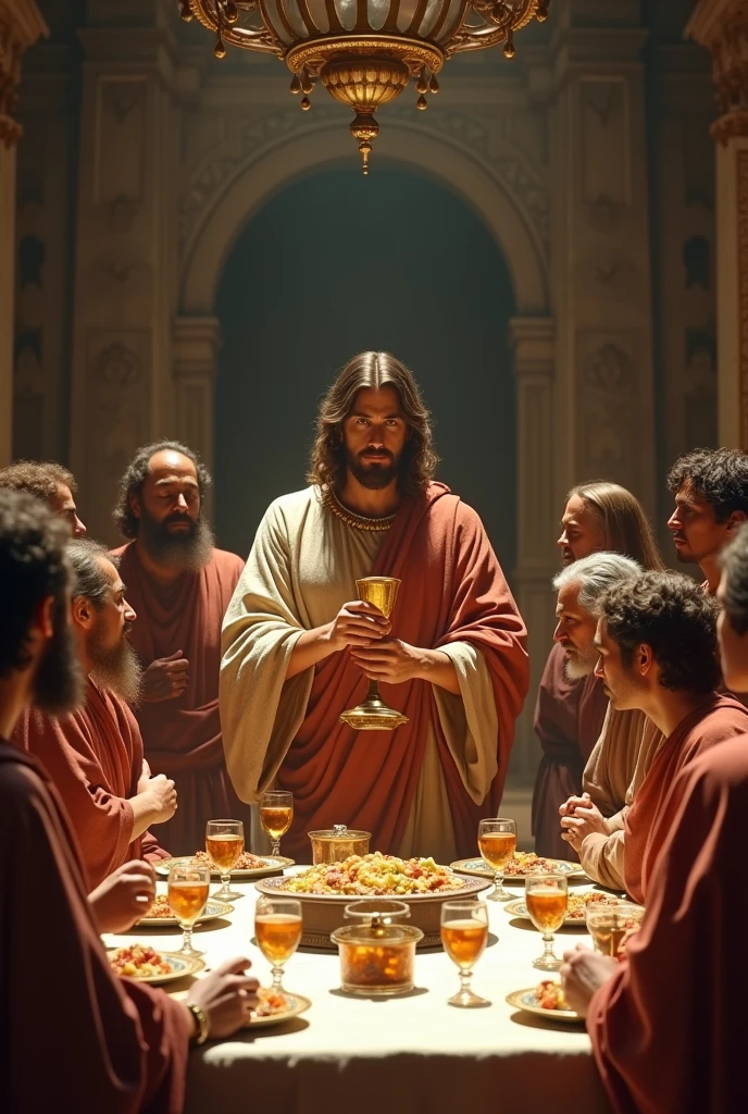 Jesus Christ, at the Last Supper, using a golden chalice, biblical time, traditional roman clothing, in a banquet hall in ancient Jerusalem, Jesus is holding the chalice while his disciples surround him, background with tables and people at dinner, plano general, hyper-realistic, Photo realism, cinematography.