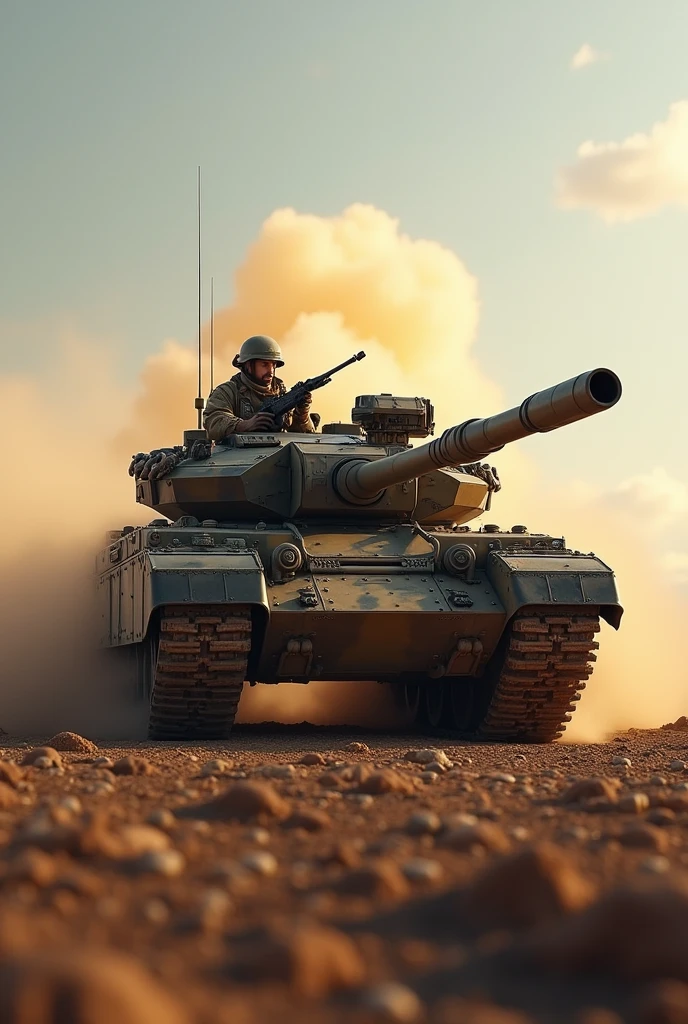 (Highest quality、masterpiece、8k))、Mechanically correct、Very detailed、High resolution、Cinematic lighting、Realistic、Intricate details、((Dynamic composition))、Armored Tank、camouflage、Rising dust、Veteran Cat Tank