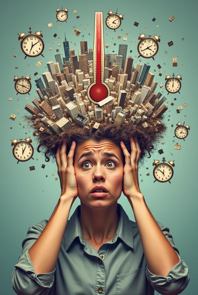 A person with an expression of despair, surrounded by mountains of work, Clocks ticking and other symbols of stress, like a brain with many conflicting ideas or a stress thermometer at its maximum.