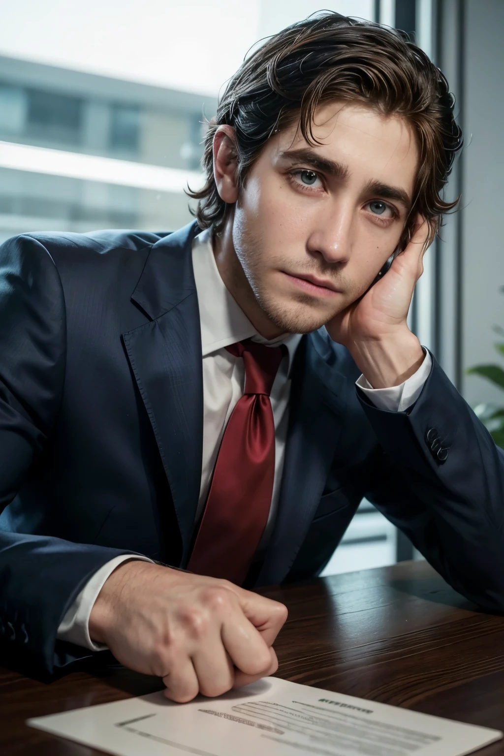 jake gyllenhaal sem barba com o cabelo social, wearing dark blue suit with scarlet red tie in a bright office