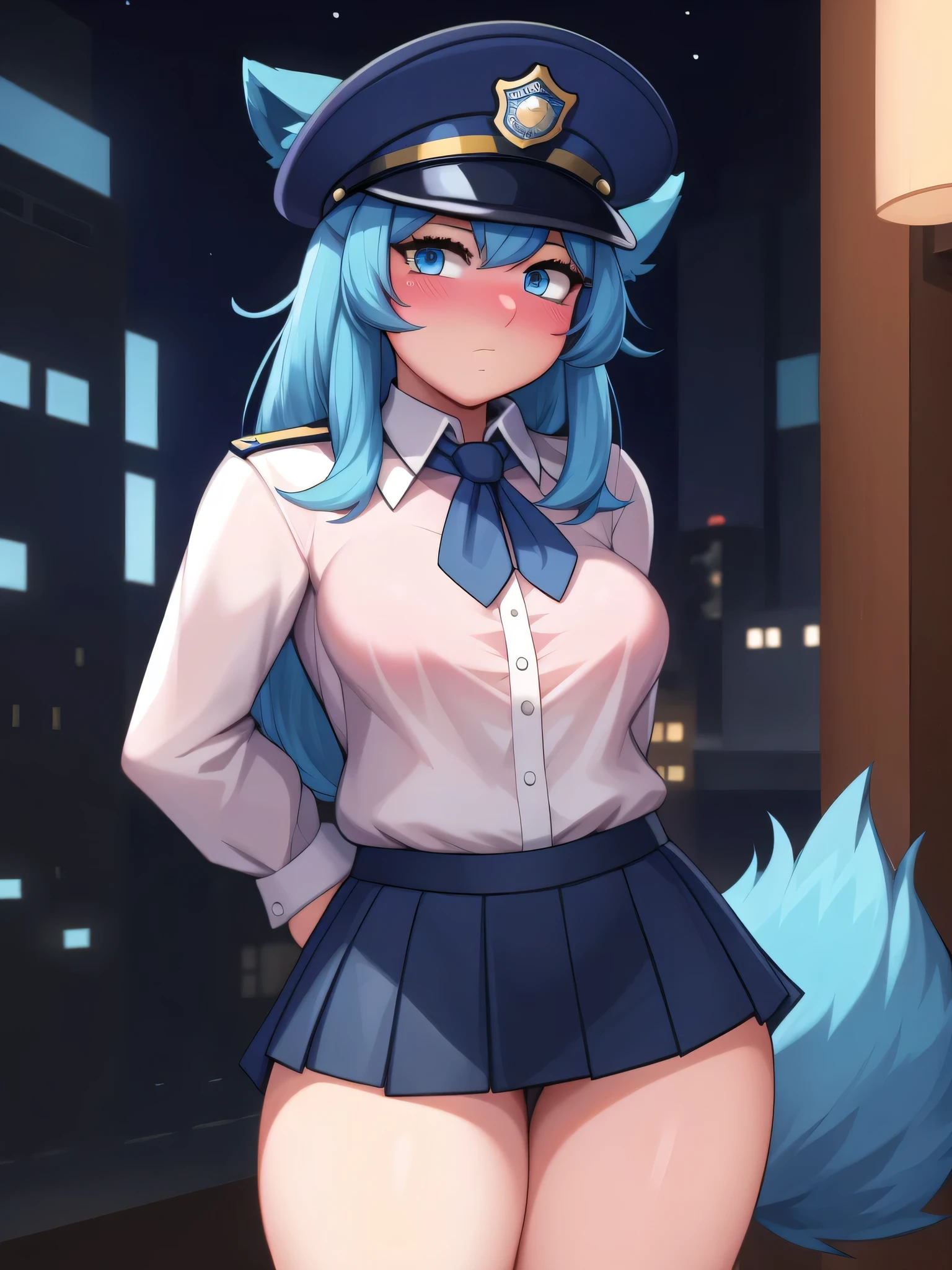 (Masterpiece) (High Detail) (High Res) A close up of a short little slim humanoid girl with pale human skin and blue eyes and long blue hair and blue dog ears and a fluffy blue dog tail and average breasts. She is wearing a police outfit with white blouse, navy blue cravat, navy blue police hat. Navy blue short skirt. She has her hands behind her back. She is blushing. She looks serious.